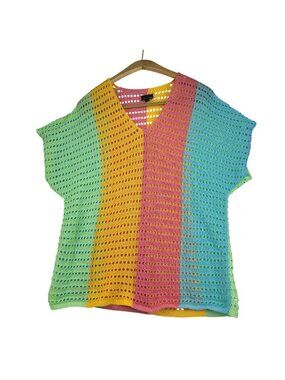 Coco and Carmen Rayna V-Neck Laser Cut Popover Soft Stripe Sweater Open Knit L